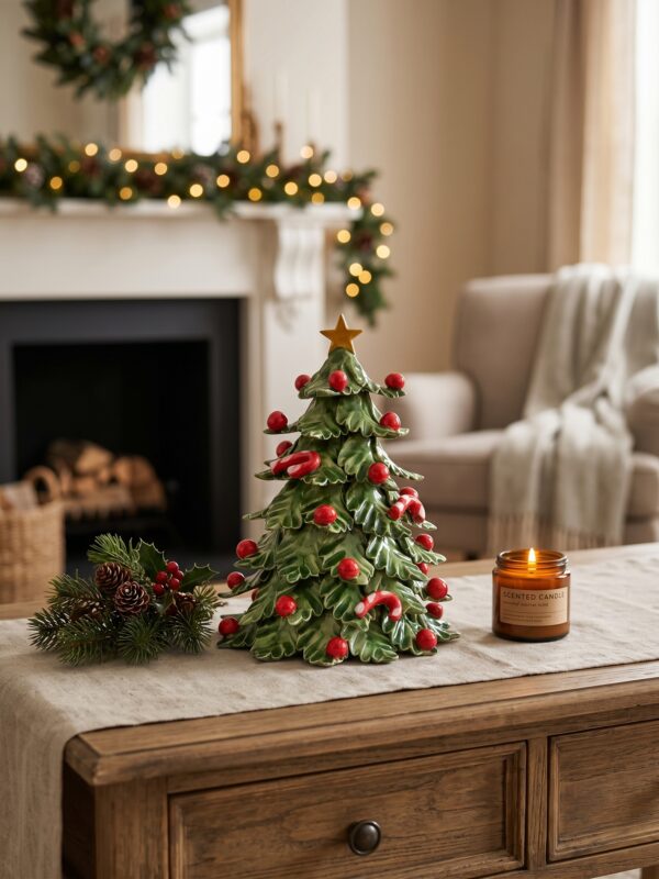Albero di Natale in ceramica con decori rossi