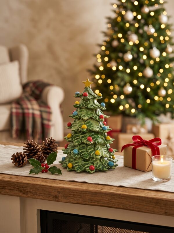 Albero in ceramica con decorazioni natalizie