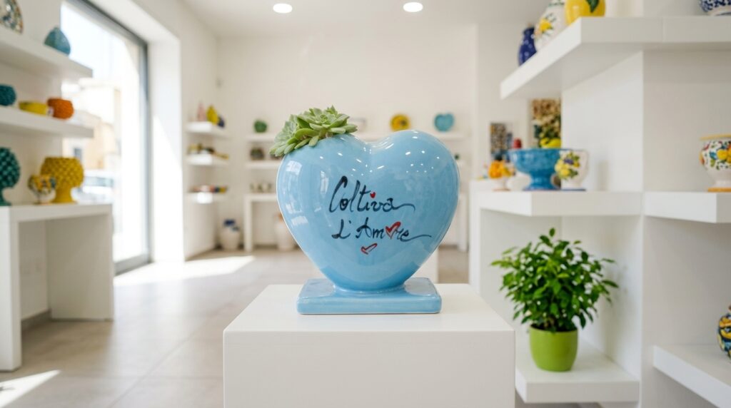 Vaso a forma di cuore in ceramica azzurra con scritta Coltiva l'Amore esposto nello showroom