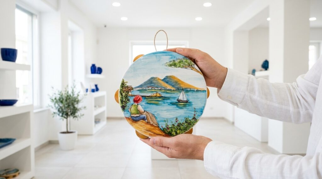 Tamburello in ceramica dipinto a mano con panorama di Napoli tenuto in mano nello showroom