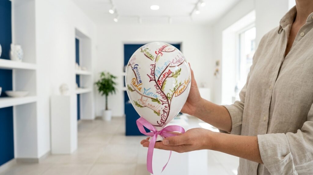 Palloncino in ceramica artigianale con fiocco rosa tenuto in mano su sfondo bianco luminoso