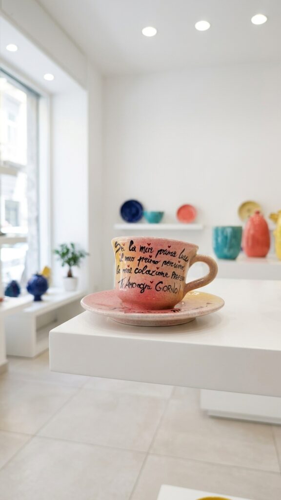 Tazzina da caffè in ceramica sfumata esposta su una mensola bianca dello showroom