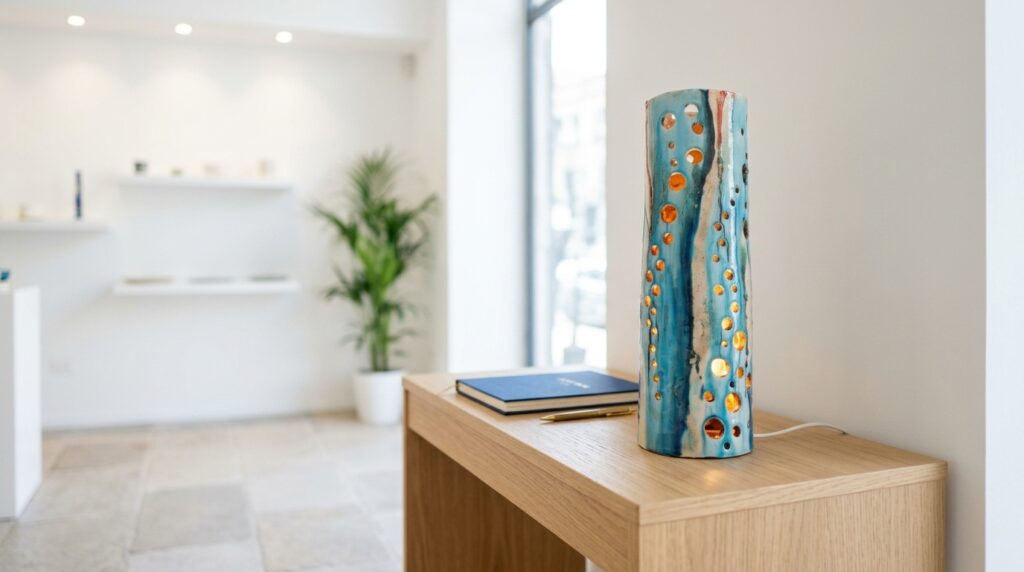 Lume di design in ceramica artigianale esposto nello showroom per bomboniere 18 anni chic