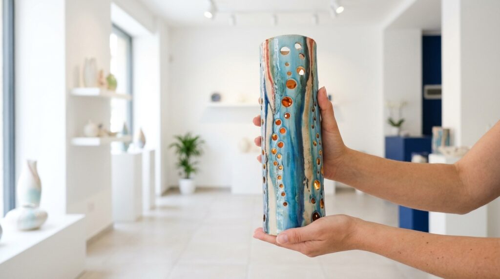 Lume onda turchese in ceramica artigianale tenuto in mano nello showroom