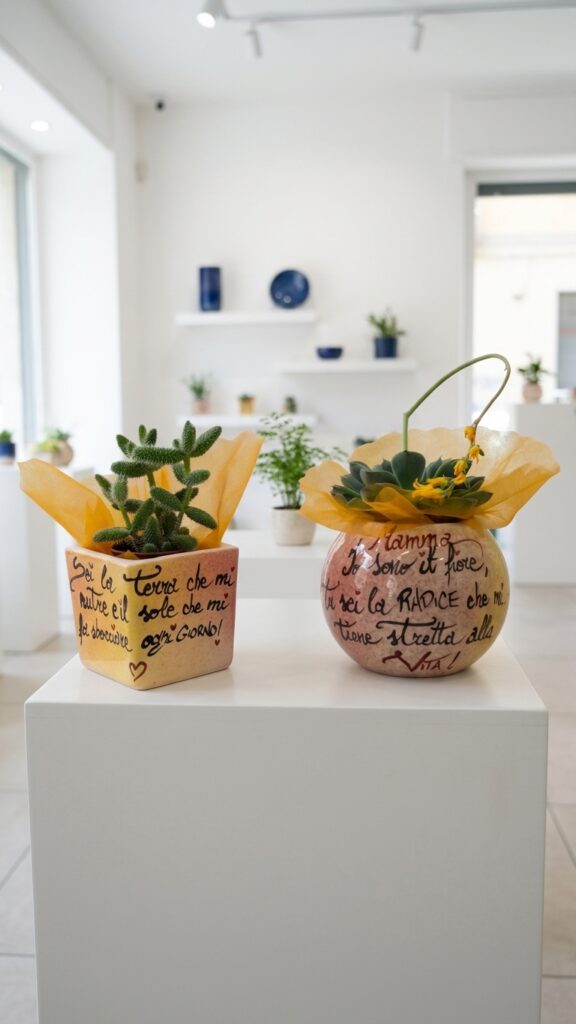 Vasi in ceramica con piante grasse esposti su un tavolo bianco