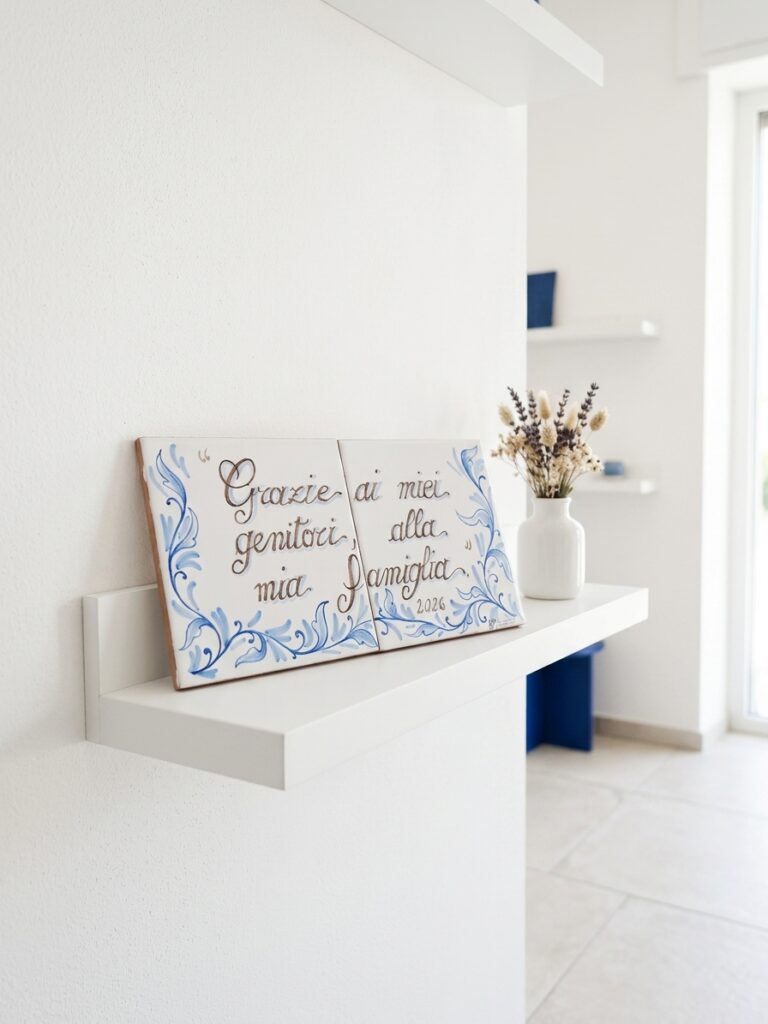 Piastrelle in ceramica con dedica alla famiglia esposte su una mensola bianca