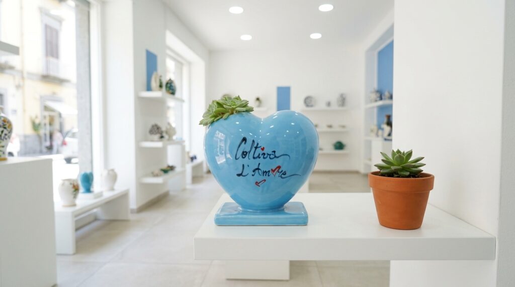Vaso a forma di cuore in ceramica azzurra con scritta Coltiva l'Amore esposto nello showroom