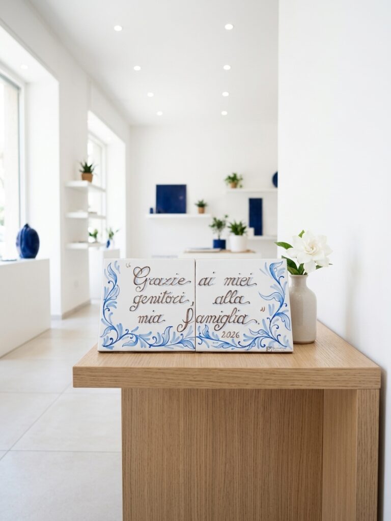 Piastrelle in ceramica decorate a mano con dedica alla famiglia esposte su un piano chiaro