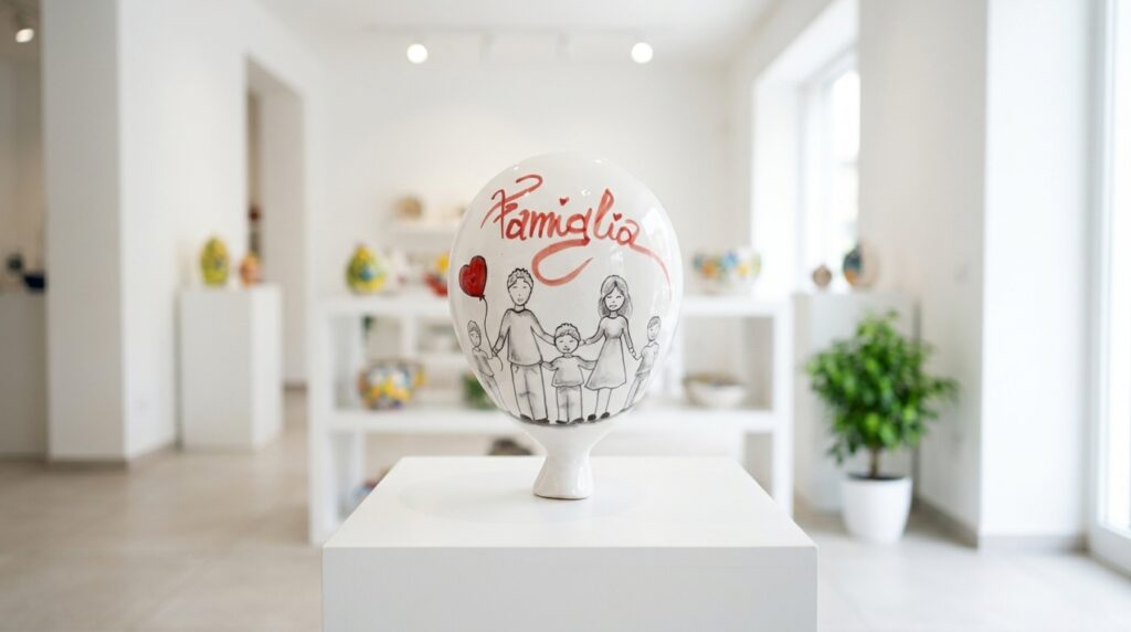 Palloncino in ceramica Famiglia esposto su un plinto bianco nello showroom di Olimpia Ceramiche