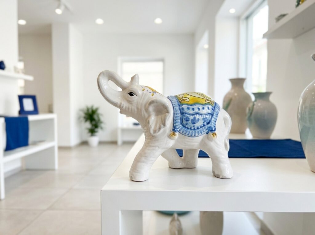 Elefante portafortuna in ceramica decorata a mano per battesimo safari soft