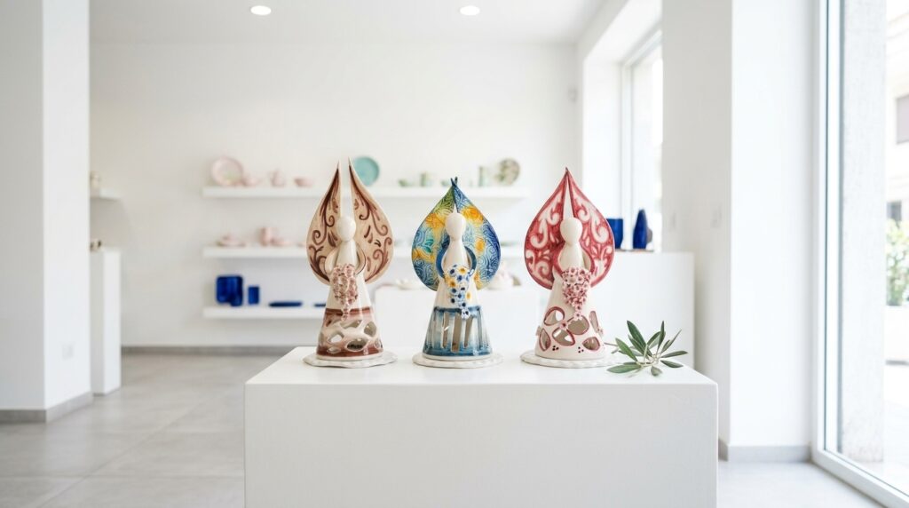 Angelo porta candela in ceramica bianca per battesimo esposto nello showroom