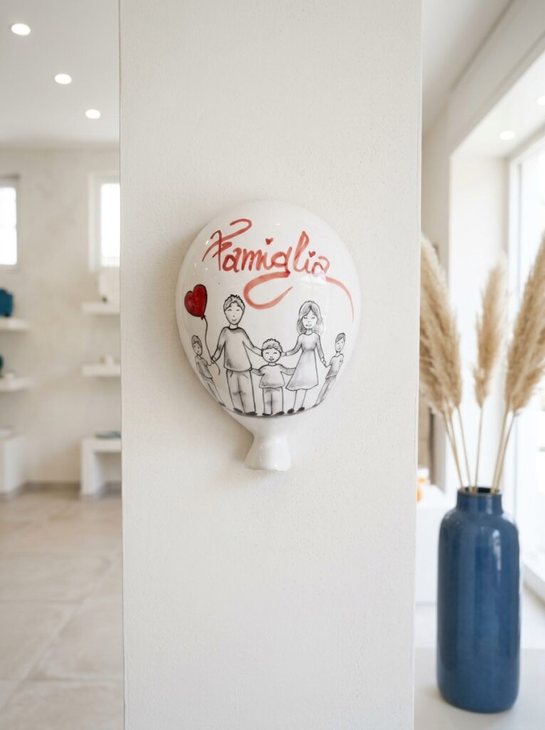 Palloncino in ceramica Famiglia appeso alla parete dello showroom