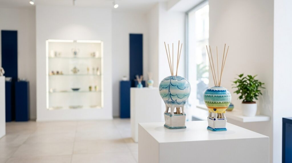 Profumatore a forma di mongolfiera in ceramica artigianale esposto su un plinto bianco nello showroom di Olimpia Ceramiche