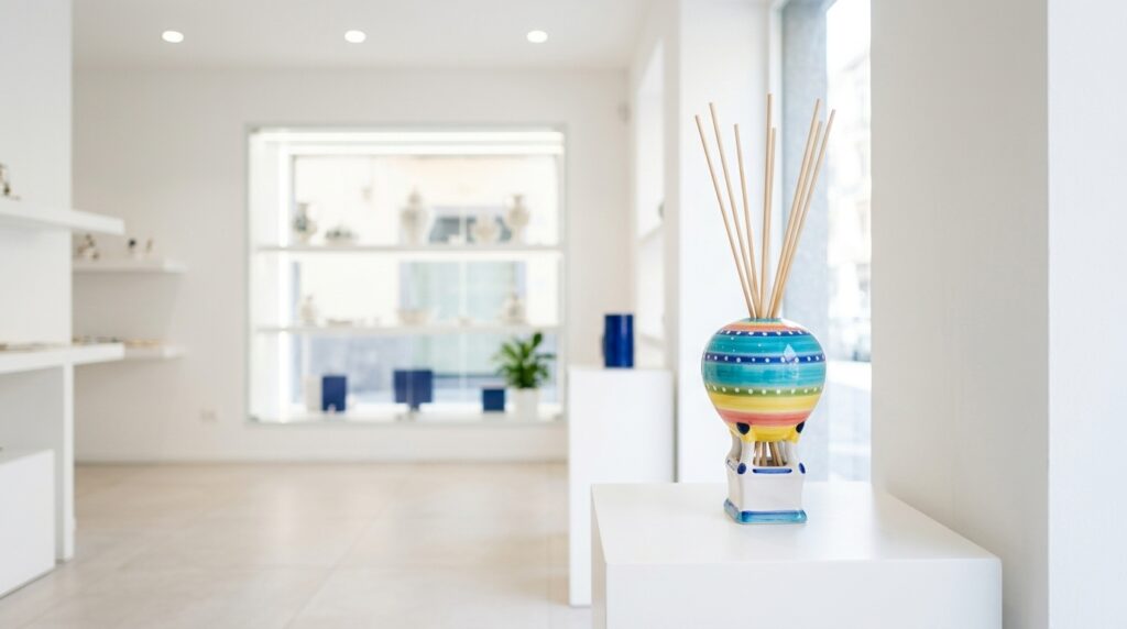 Profumatore mongolfiera in ceramica artigianale dipinto a mano esposto su un plinto bianco nello showroom