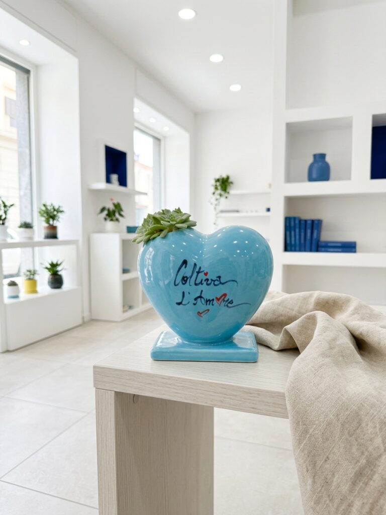 Vaso a forma di cuore in ceramica azzurra con scritta Coltiva l'Amore utilizzato come cachepot