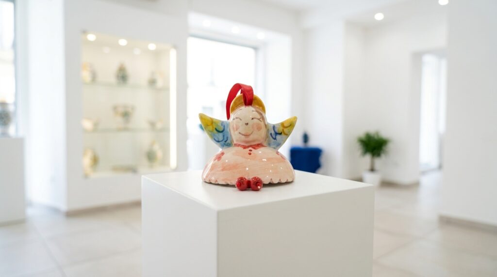 Angelo in ceramica da appendere esposto su un plinto bianco nello showroom di Olimpia Ceramiche