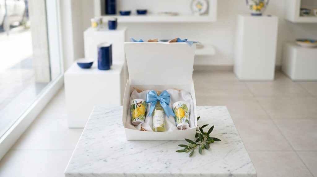 Set bomboniera matrimonio con bottiglia di limoncello e bicchierini decorati con limoni esposto nello showroom