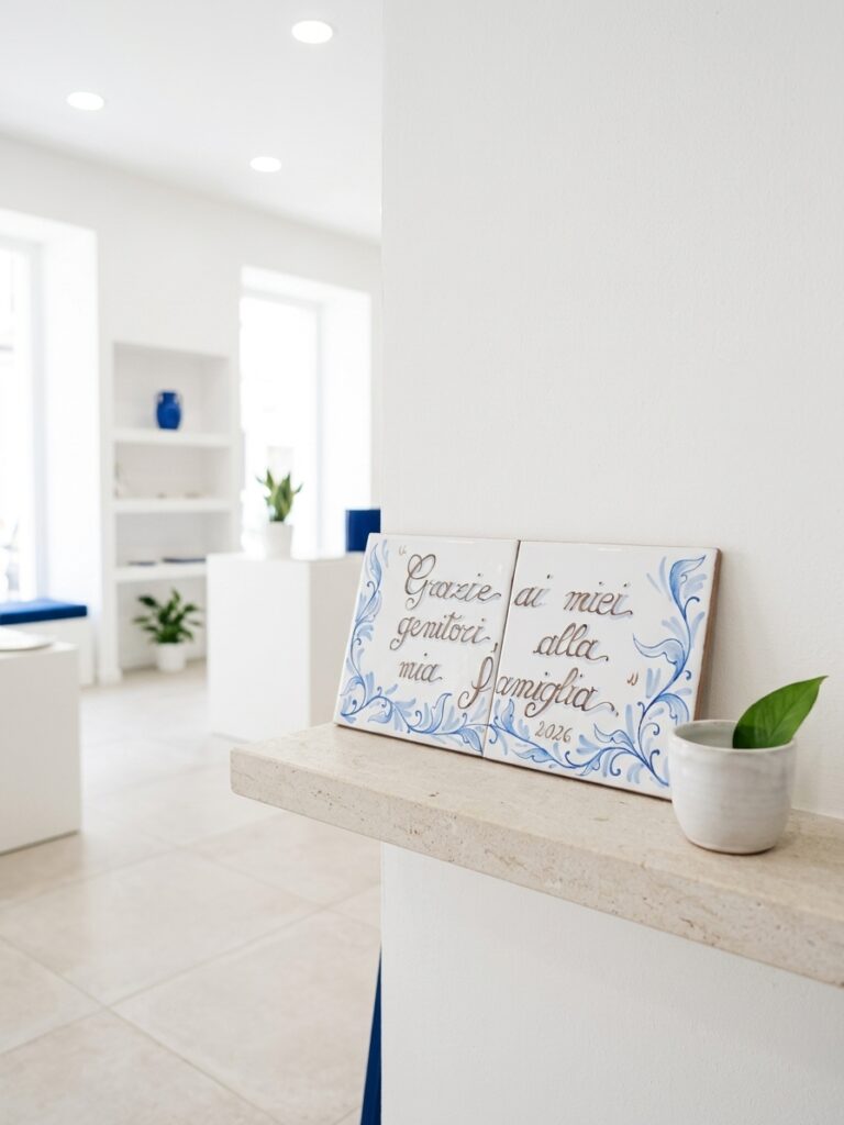 Piastrelle in ceramica con dedica alla famiglia esposte su una mensola chiara nello showroom