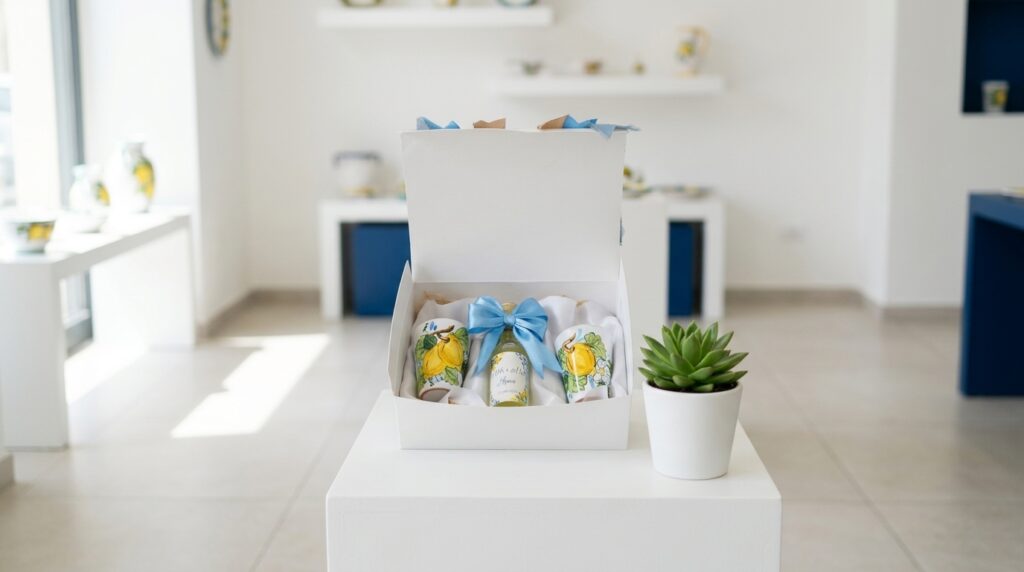 Set bomboniera limoncello e bicchierini in ceramica decorata esposto nello showroom accanto a una pianta
