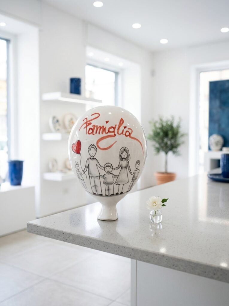 Vaso a forma di cuore in ceramica azzurra su un piano chiaro in boutique
