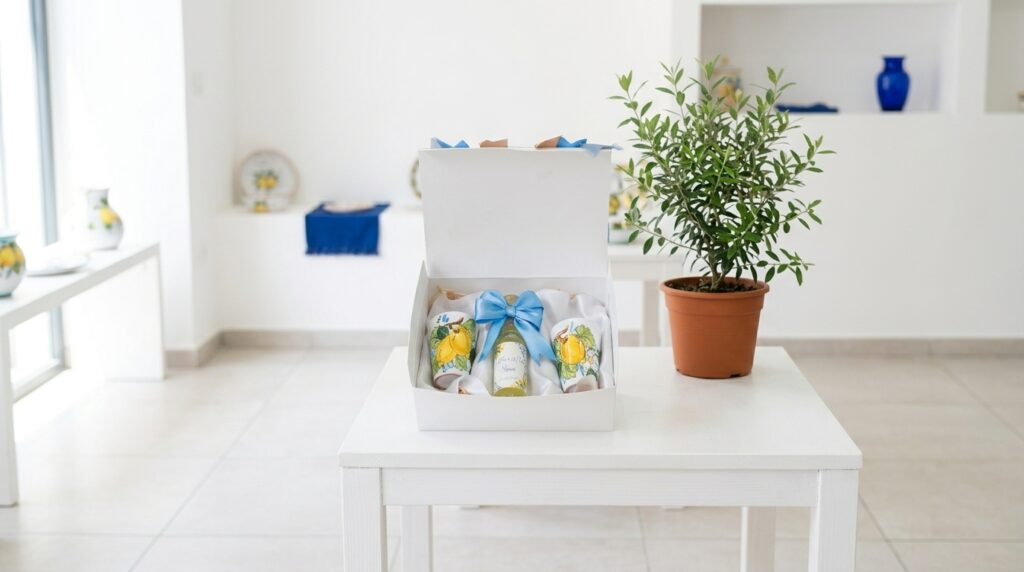 Set bomboniera limoncello e bicchierini in ceramica decorata con limoni, esposto su un tavolo bianco accanto a una pianta verde