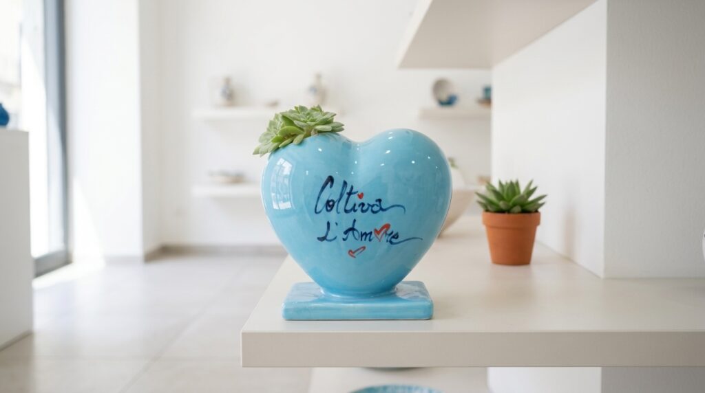Vaso a forma di cuore in ceramica azzurra Olimpia Ceramiche Artistiche esposto nello showroom