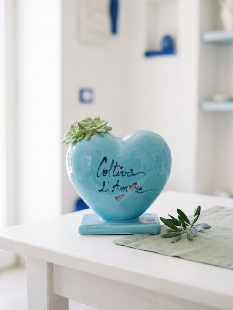 Vaso cuore in ceramica Coltiva l'Amore di Olimpia Ceramiche Artistiche con dettagli botanici
