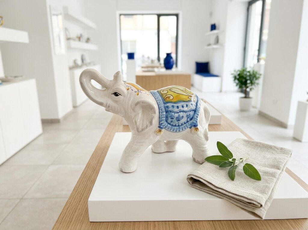 Dettaglio del gufo in ceramica colorata per bomboniera esposto nello showroom
