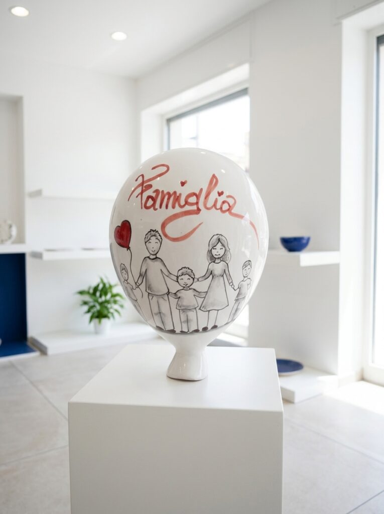 Palloncino in ceramica Famiglia appeso a una parete bianca luminosa