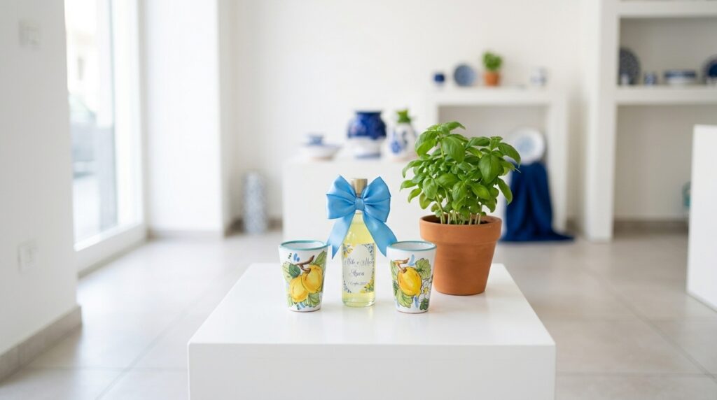 Set bomboniera limoncello e bicchierini in ceramica dipinta a mano su un tavolo bianco accanto a una pianta verde