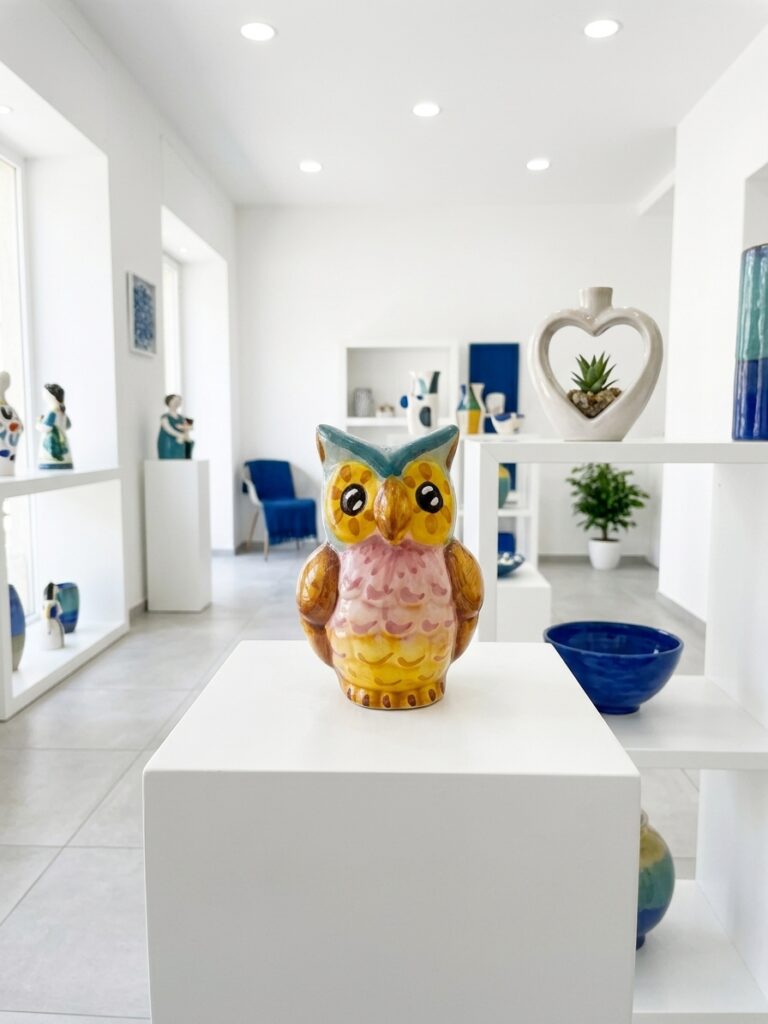 Vaso a forma di cuore Coltiva l'Amore in ceramica azzurra esposto su mensola bianca