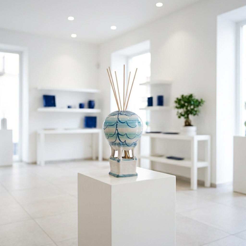 Mongolfiera in ceramica con frase motivazionale esposta nello showroom di Olimpia Ceramiche