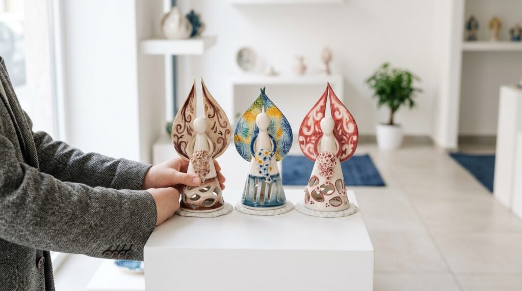 Angelo porta candela moderno in ceramica bianca tenuto in mano nello showroom