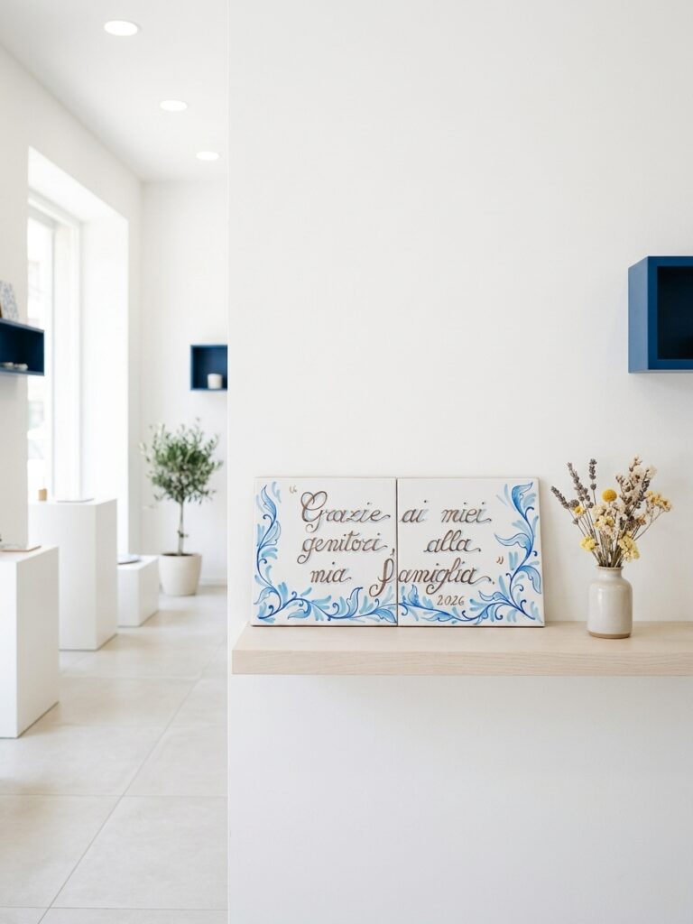 Piastrelle in ceramica decorate a mano con dedica alla famiglia esposte su una mensola