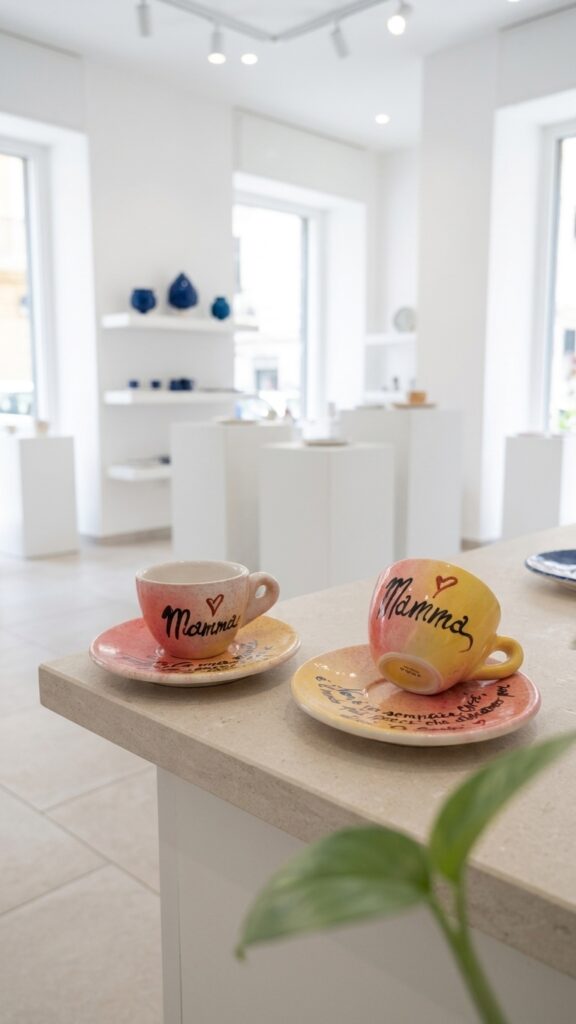 Set di due tazzine da caffè in ceramica con dedica esposte nello showroom