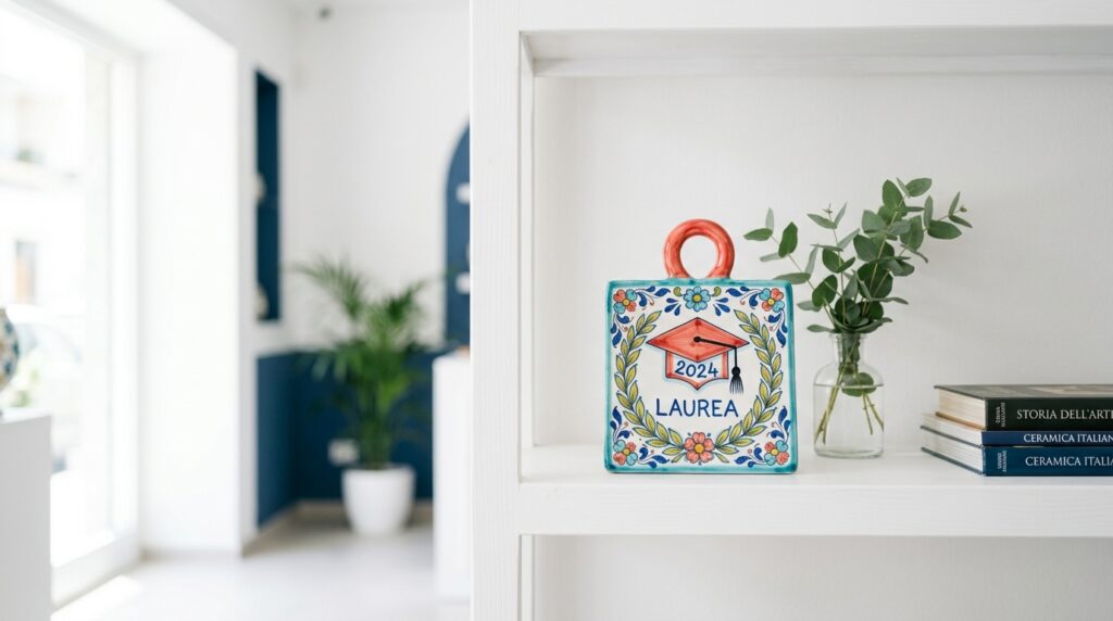 Bomboniere di laurea artigianali in ceramica esposte su una mensola bianca luminosa nello showroom.
