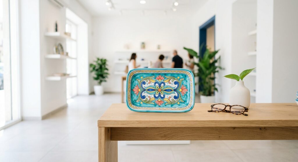 Svuotatasche in ceramica artigianale per bomboniera di laurea appoggiato su un tavolo consolle.