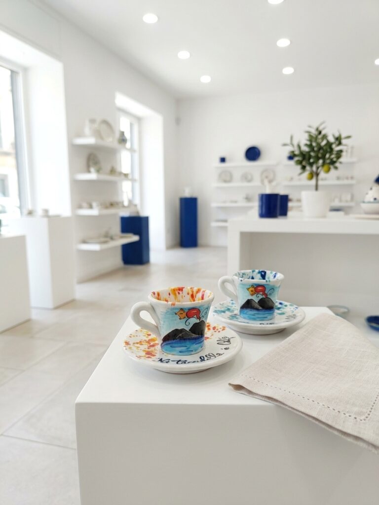 Set tazzine caffè Vesuvio e corno portafortuna esposto su un tavolo nello showroom