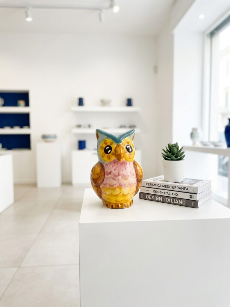 Gufo portafortuna in ceramica colorata posizionato su una scrivania moderna