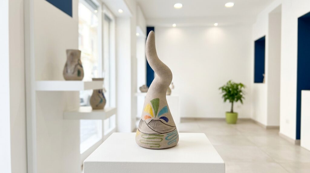 Corno portafortuna effetto pietra esposto su una mensola bianca nello showroom di Olimpia Ceramiche