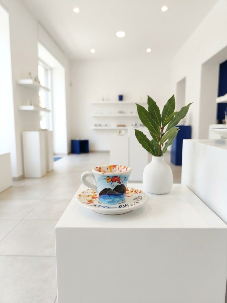 Set di tazzine da caffè decorate a mano con Vesuvio e cornetto su un espositore bianco