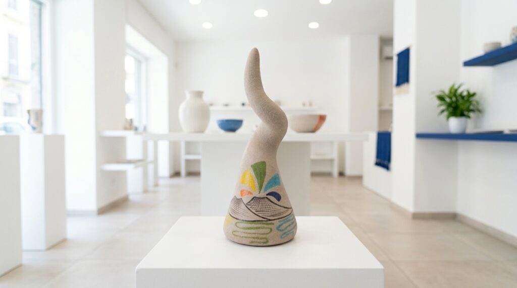 Corno portafortuna in ceramica effetto pietra esposto su una mensola bianca dello showroom