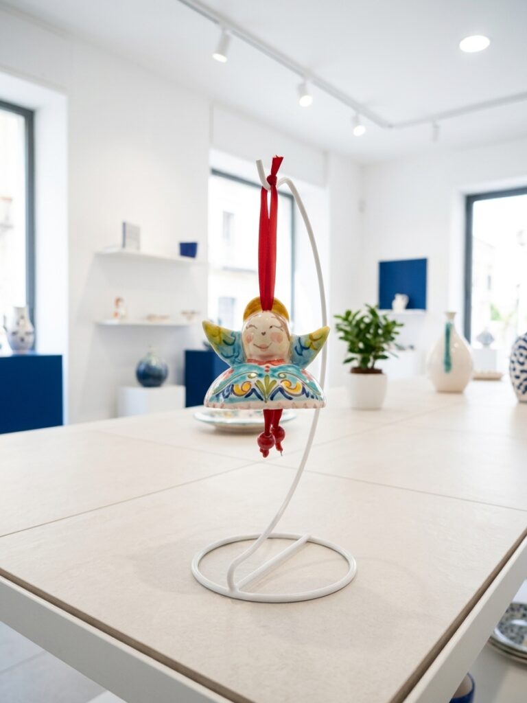 Angelo in ceramica da appendere esposto su un espositore di design nello showroom