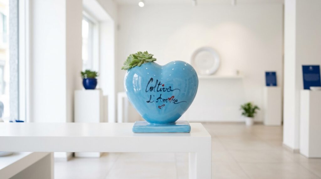 Vaso a forma di cuore in ceramica azzurra con scritta Coltiva l'Amore esposto nello showroom di Olimpia Ceramiche