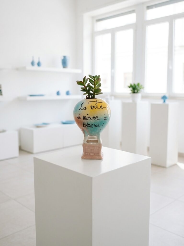 Mongolfiera in ceramica decorata a mano con frase motivazionale esposta su fondo chiaro