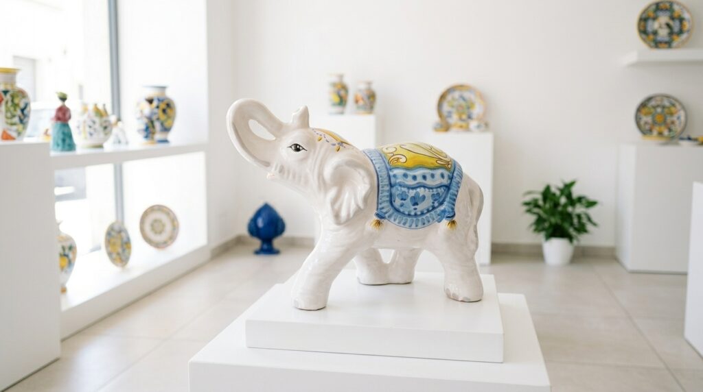 Elefante portafortuna in ceramica decorata esposto nello showroom luminoso di Olimpia Ceramiche