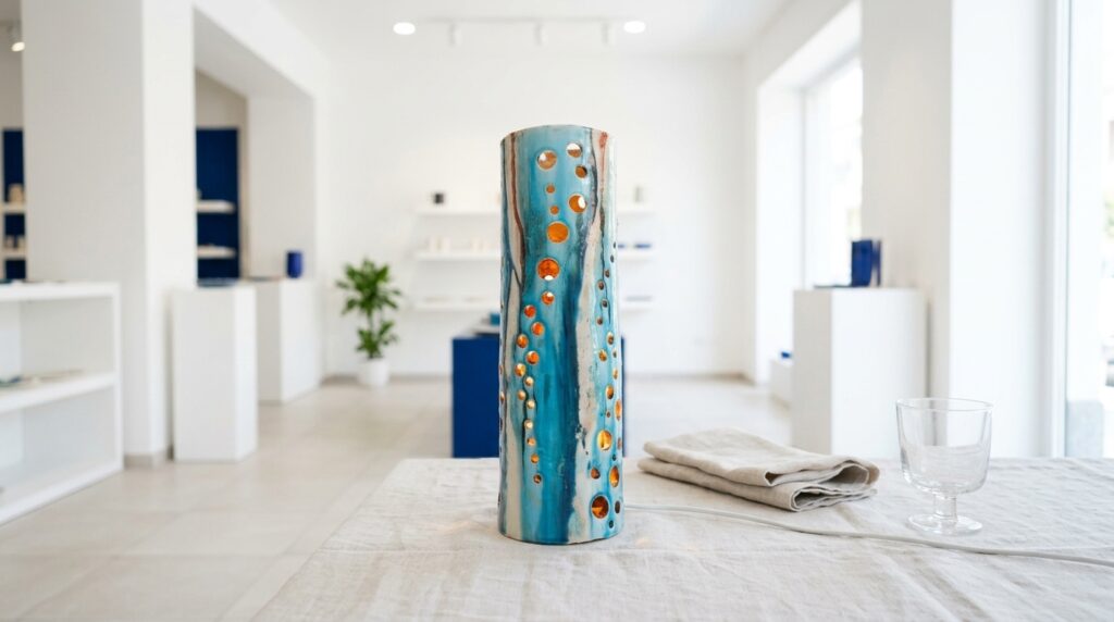 Lume onda turchese Olimpia Ceramiche su una tavola apparecchiata in stile perlage