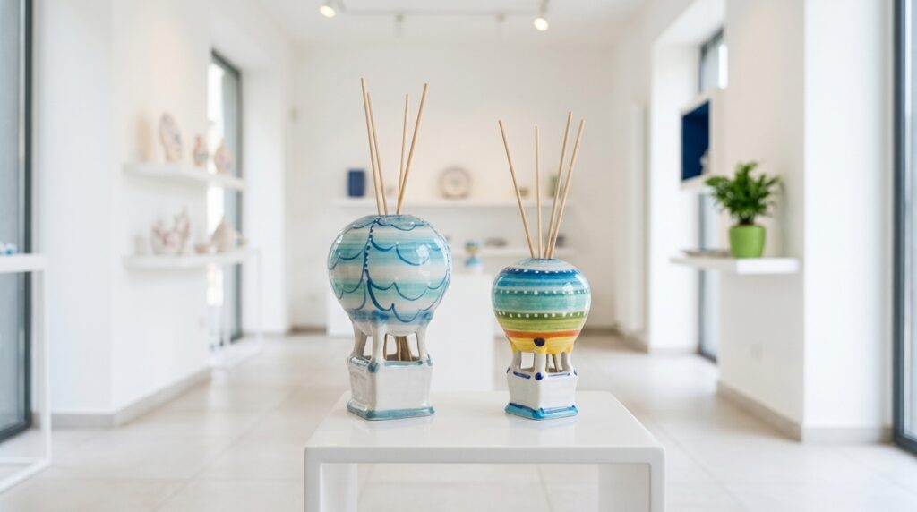 Mongolfiera profumatore in ceramica dipinta a mano esposta nel luminoso showroom