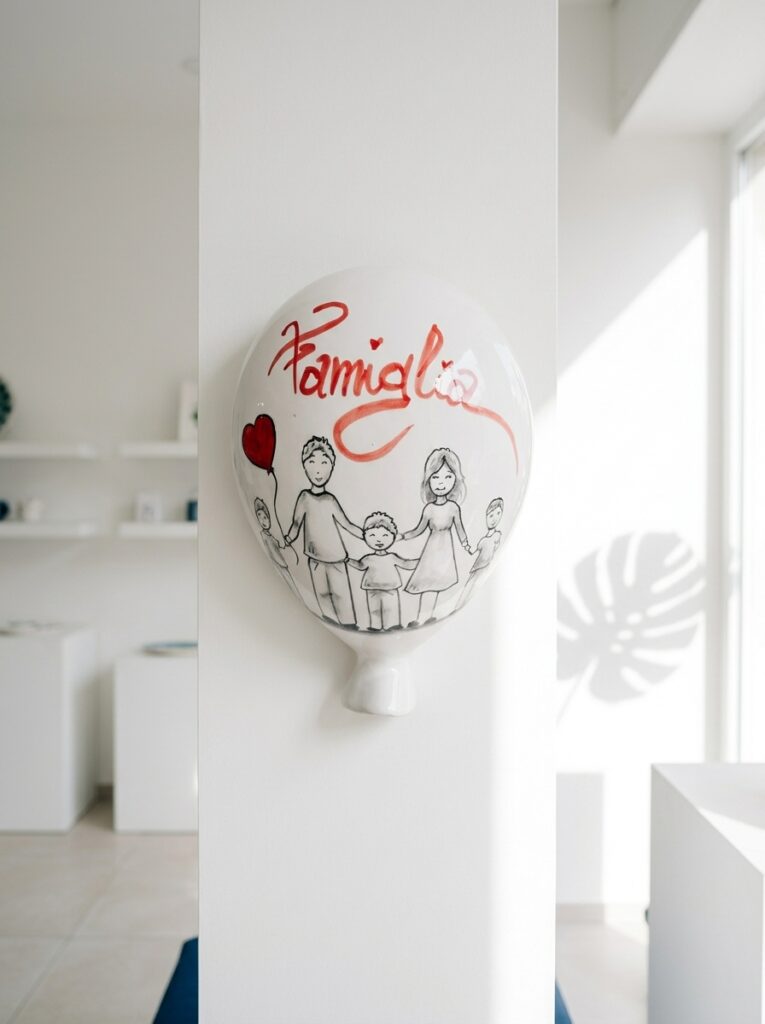 Palloncino in ceramica Famiglia appeso alla parete dello showroom