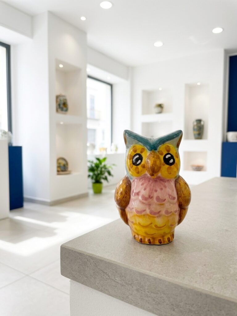 Gufo portafortuna in ceramica colorata su superficie chiara